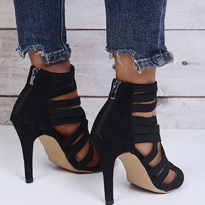 Sandalias de tacón de aguja puntiagudas de color sólido con agujeros de moda