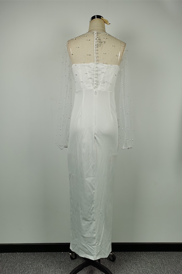 Vestidos de noche elegantes de celebridades con abertura sólida y cuentas de malla sin tirantes