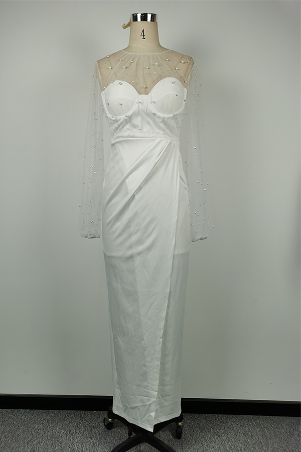 Vestidos de noche elegantes de celebridades con abertura sólida y cuentas de malla sin tirantes