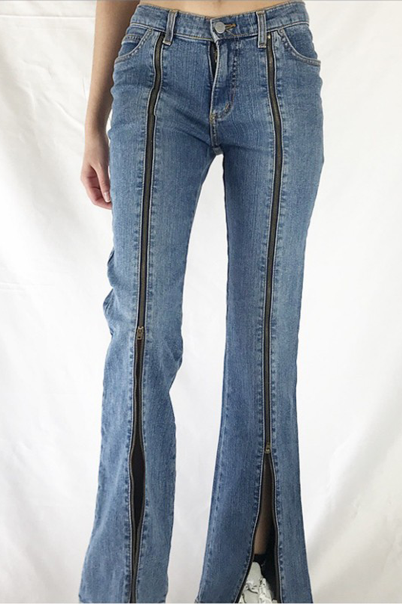 Pantalones de patchwork de calle con cremallera y pierna ancha