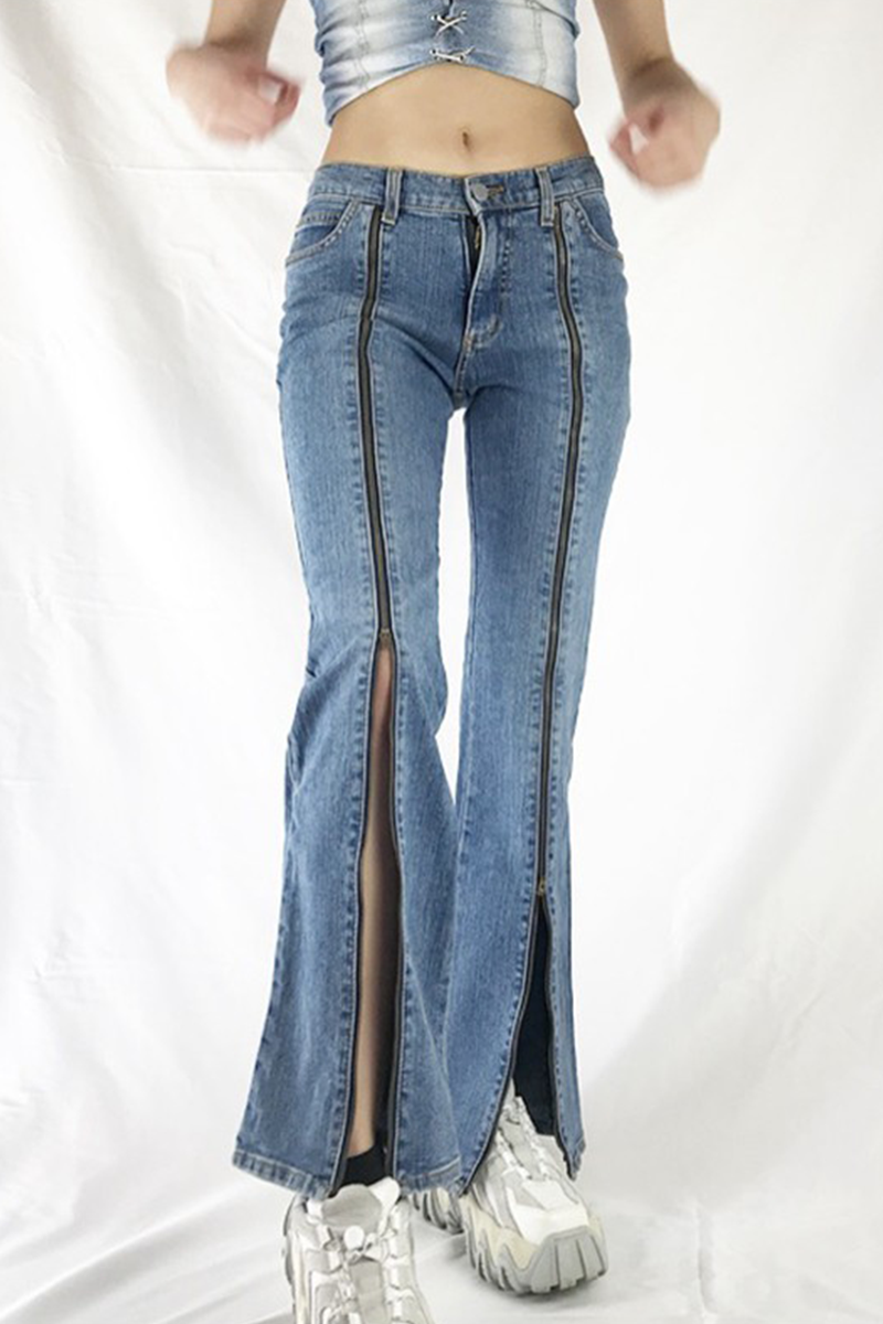 Pantalones de patchwork de calle con cremallera y pierna ancha