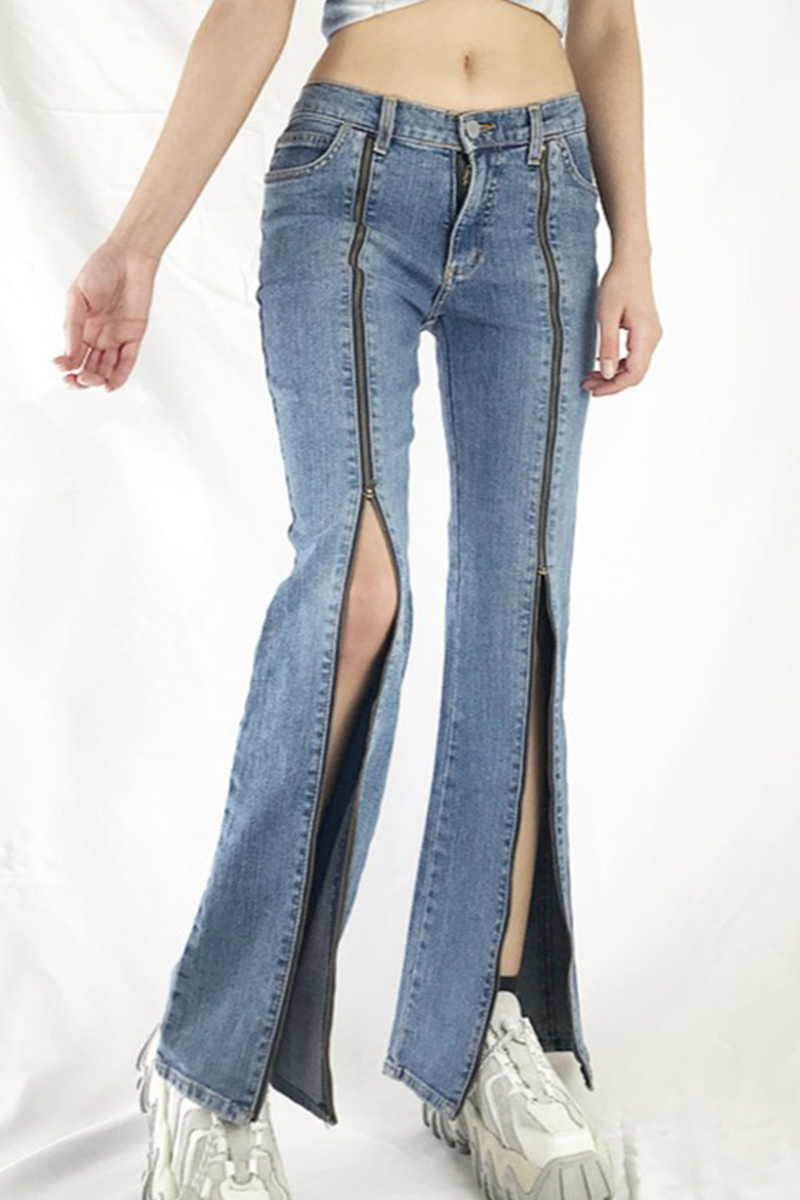 Pantalones de patchwork de calle con cremallera y pierna ancha