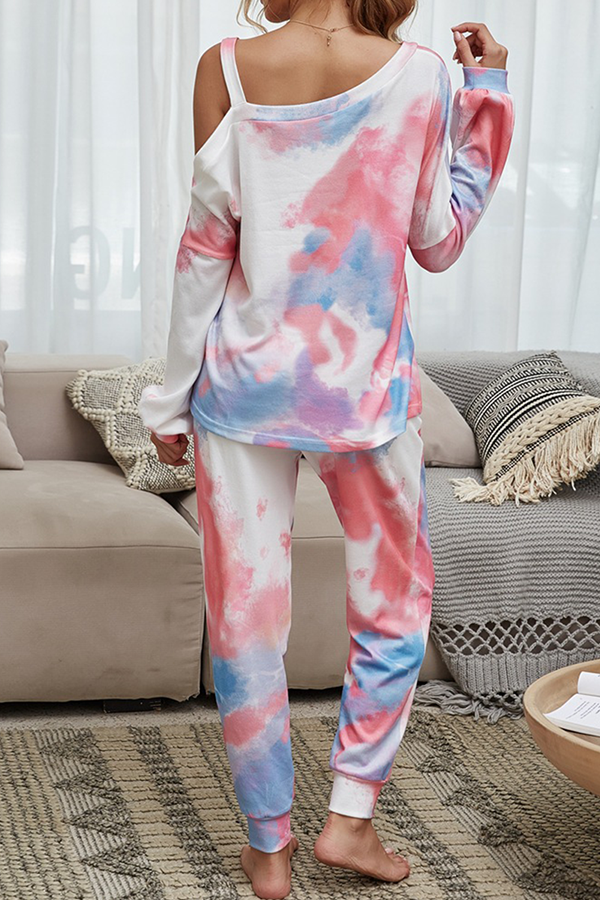 Conjunto informal de dos piezas con cuello convencional, manga larga y diseño de patchwork ahuecado con efecto tie-dye