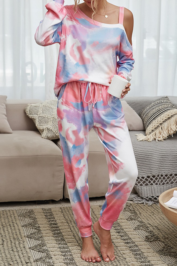 Conjunto informal de dos piezas con cuello convencional, manga larga y diseño de patchwork ahuecado con efecto tie-dye