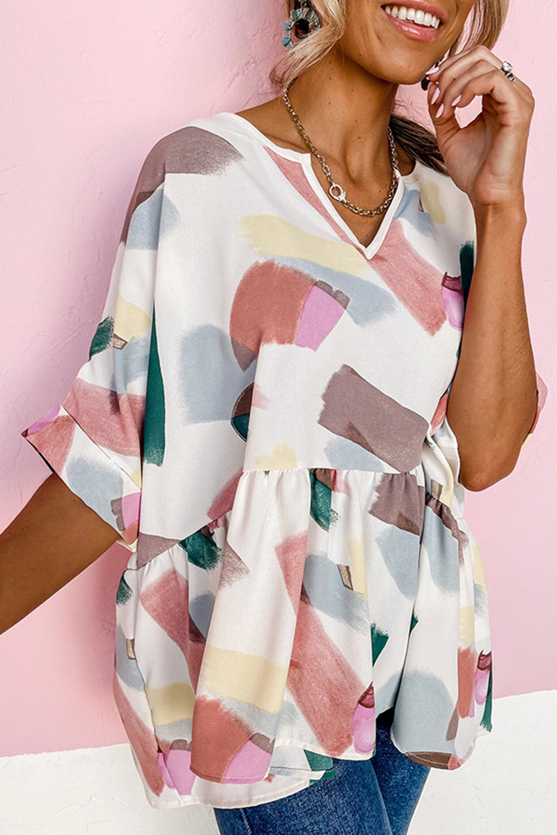 Camisetas casuales con cuello en V y volantes con estampado