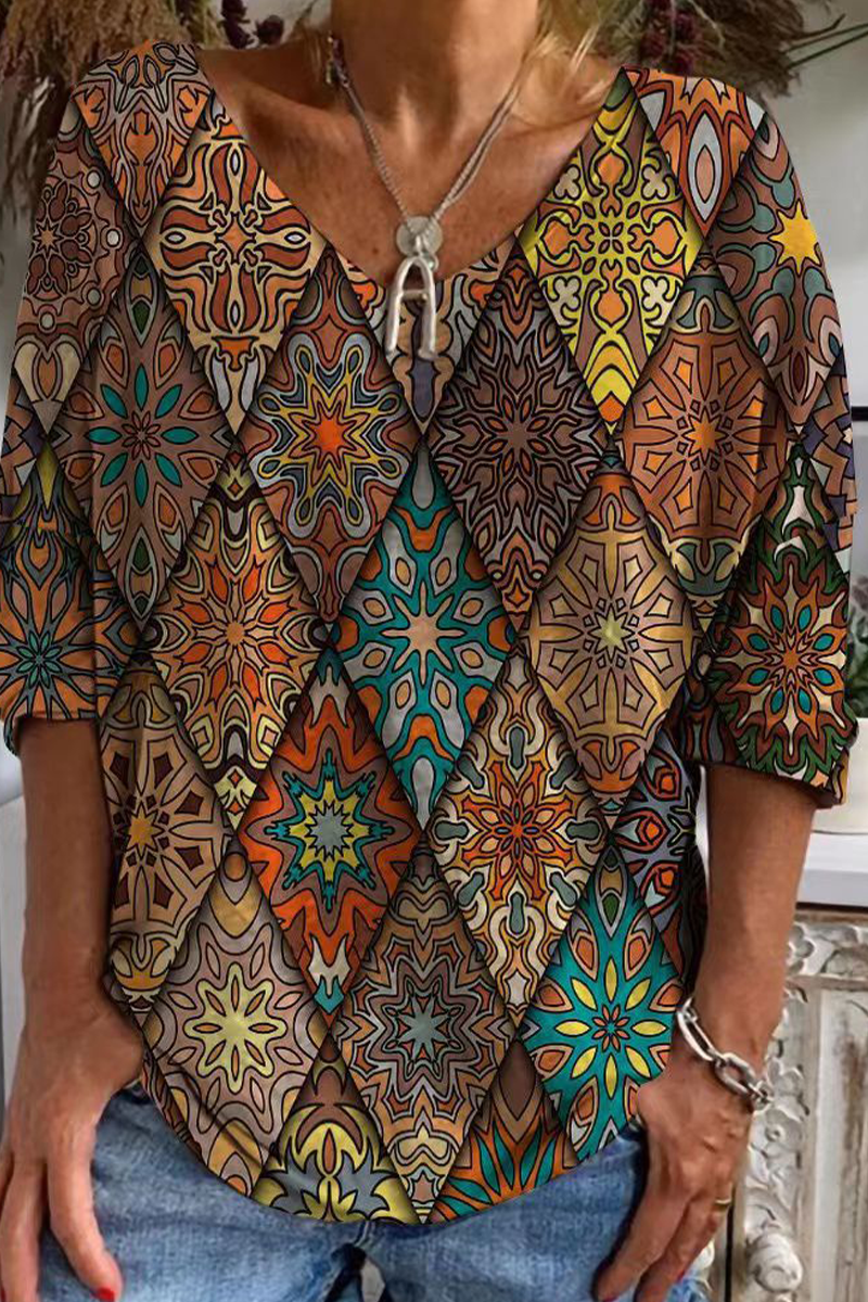 Camisetas informales con cuello en U y estampado patchwork (3 colores)