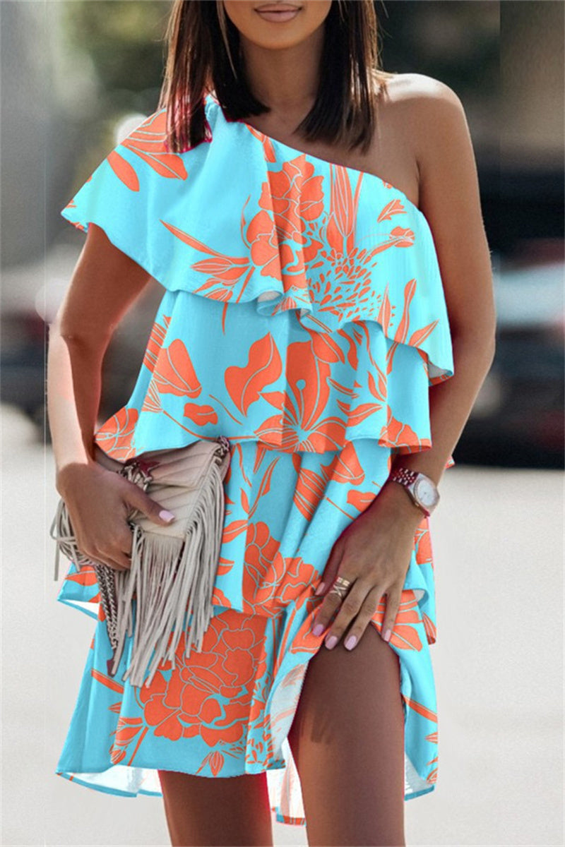 Vestido informal de moda con estampado de patchwork, sin espalda, cuello oblicuo, sin mangas