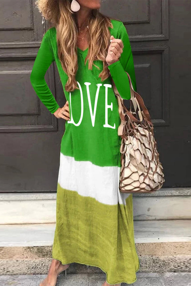 Vestidos casuales de moda con estampado de patchwork y contraste, cuello en V y manga larga