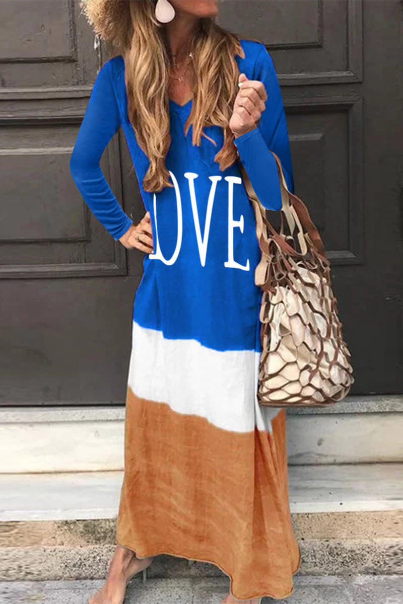 Vestidos casuales de moda con estampado de patchwork y contraste, cuello en V y manga larga