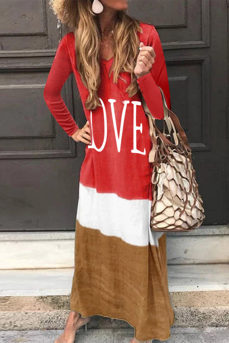 Vestidos casuales de moda con estampado de patchwork y contraste, cuello en V y manga larga