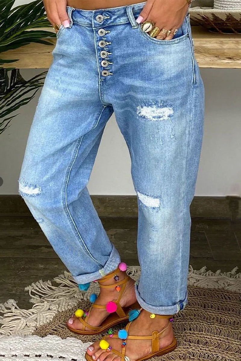Vaqueros de mezclilla de cintura alta con diseño de patchwork de moda urbana