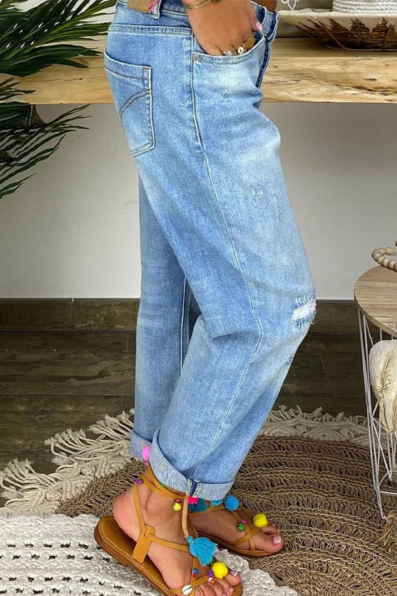 Vaqueros de mezclilla de cintura alta con diseño de patchwork de moda urbana