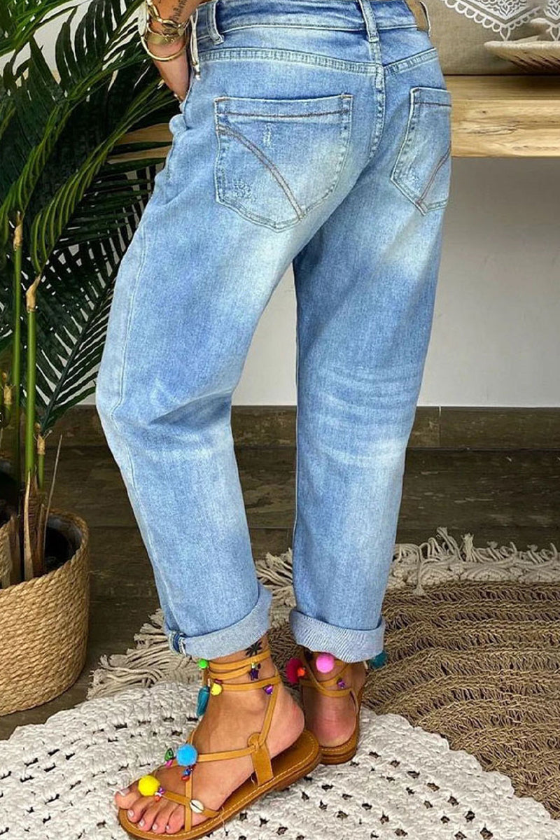 Vaqueros de mezclilla de cintura alta con diseño de patchwork de moda urbana