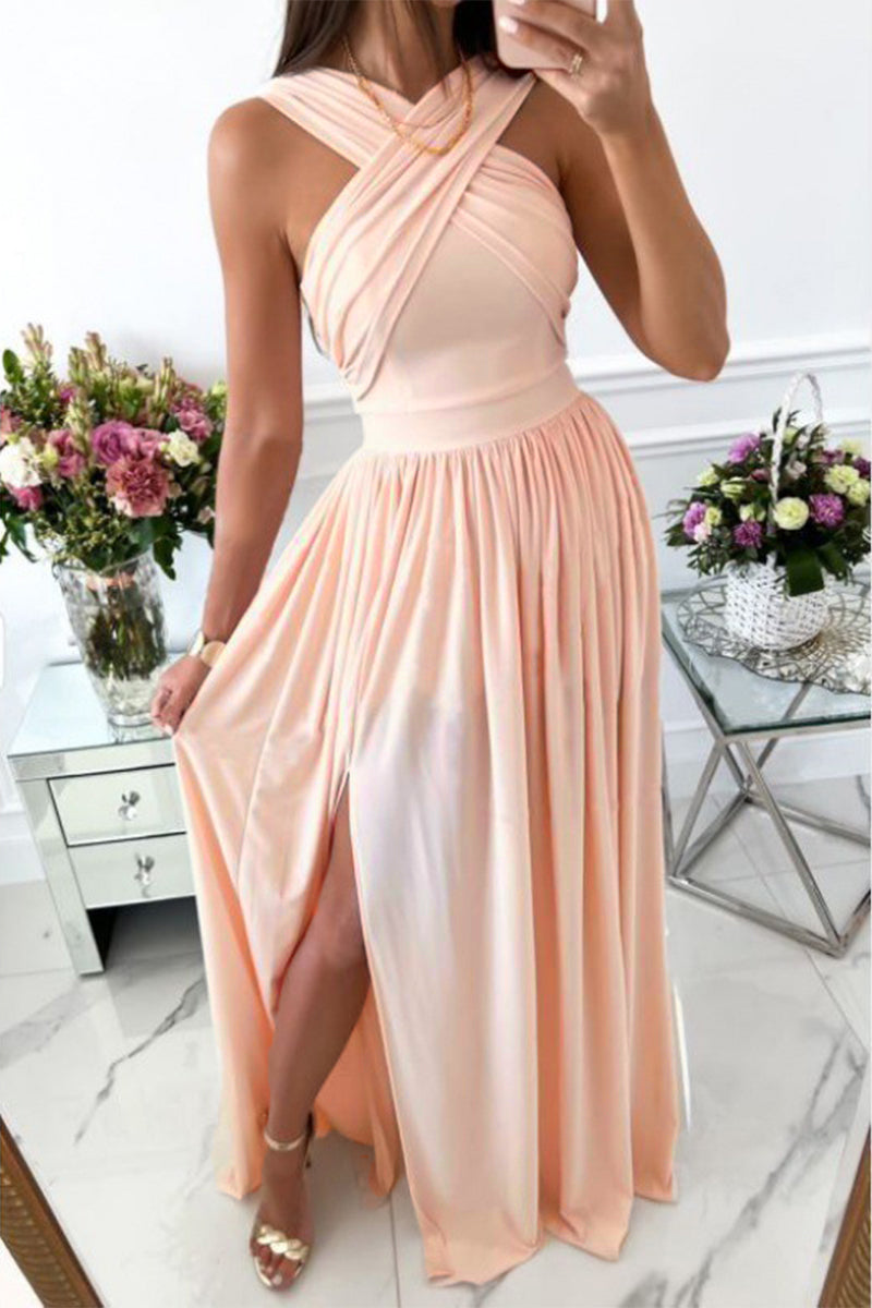Vestidos elegantes y dulces de corte A con cuello tipo bufanda, espalda descubierta y abertura.