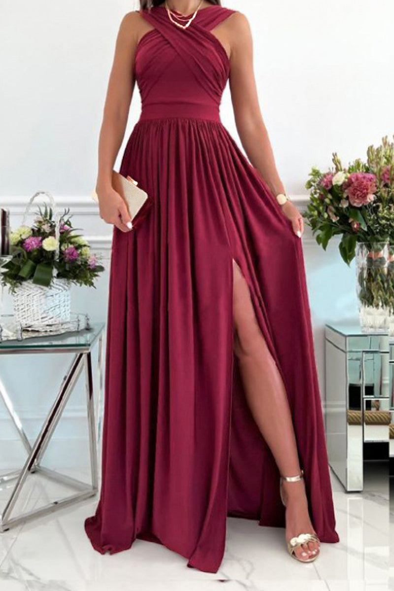 Vestidos elegantes y dulces de corte A con cuello tipo bufanda, espalda descubierta y abertura.