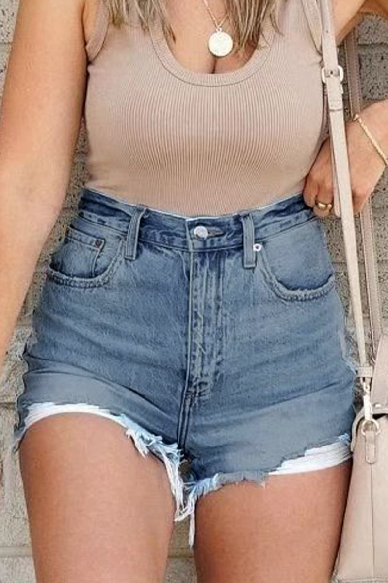 Shorts vaqueros casuales de cintura alta con rotos y diseño urbano