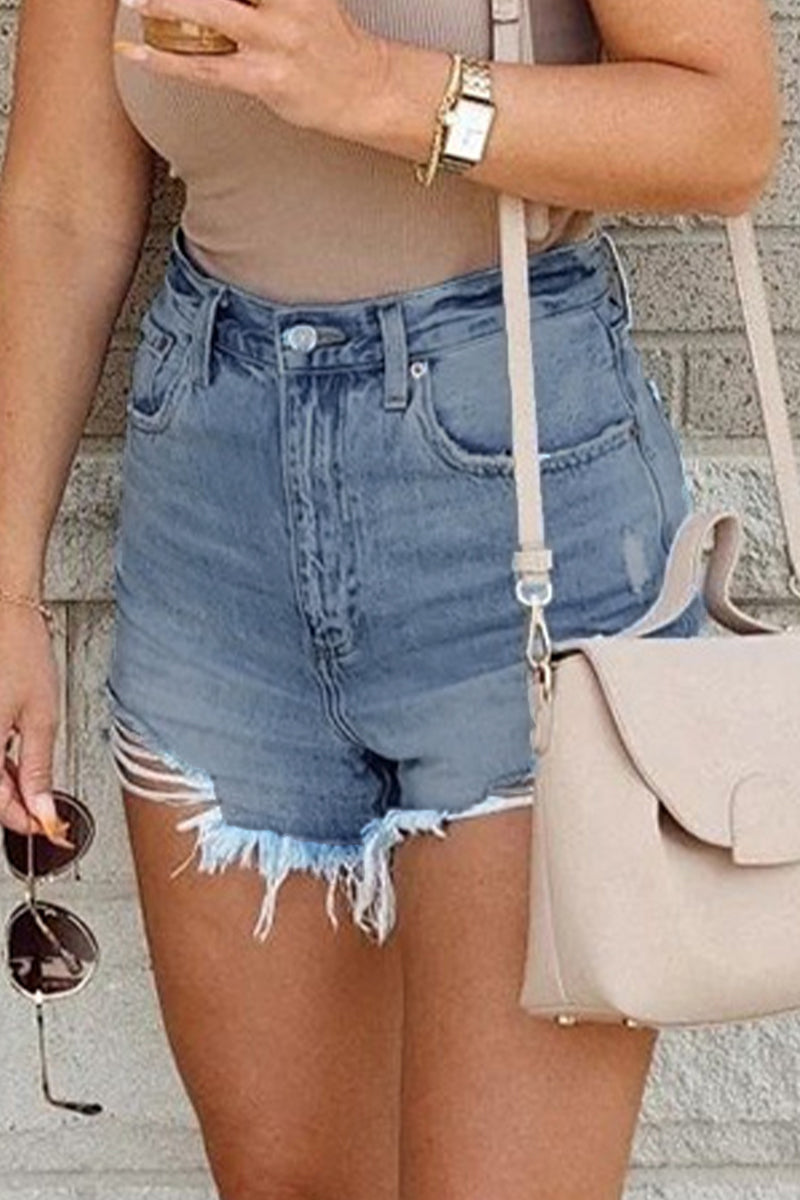 Shorts vaqueros casuales de cintura alta con rotos y diseño urbano