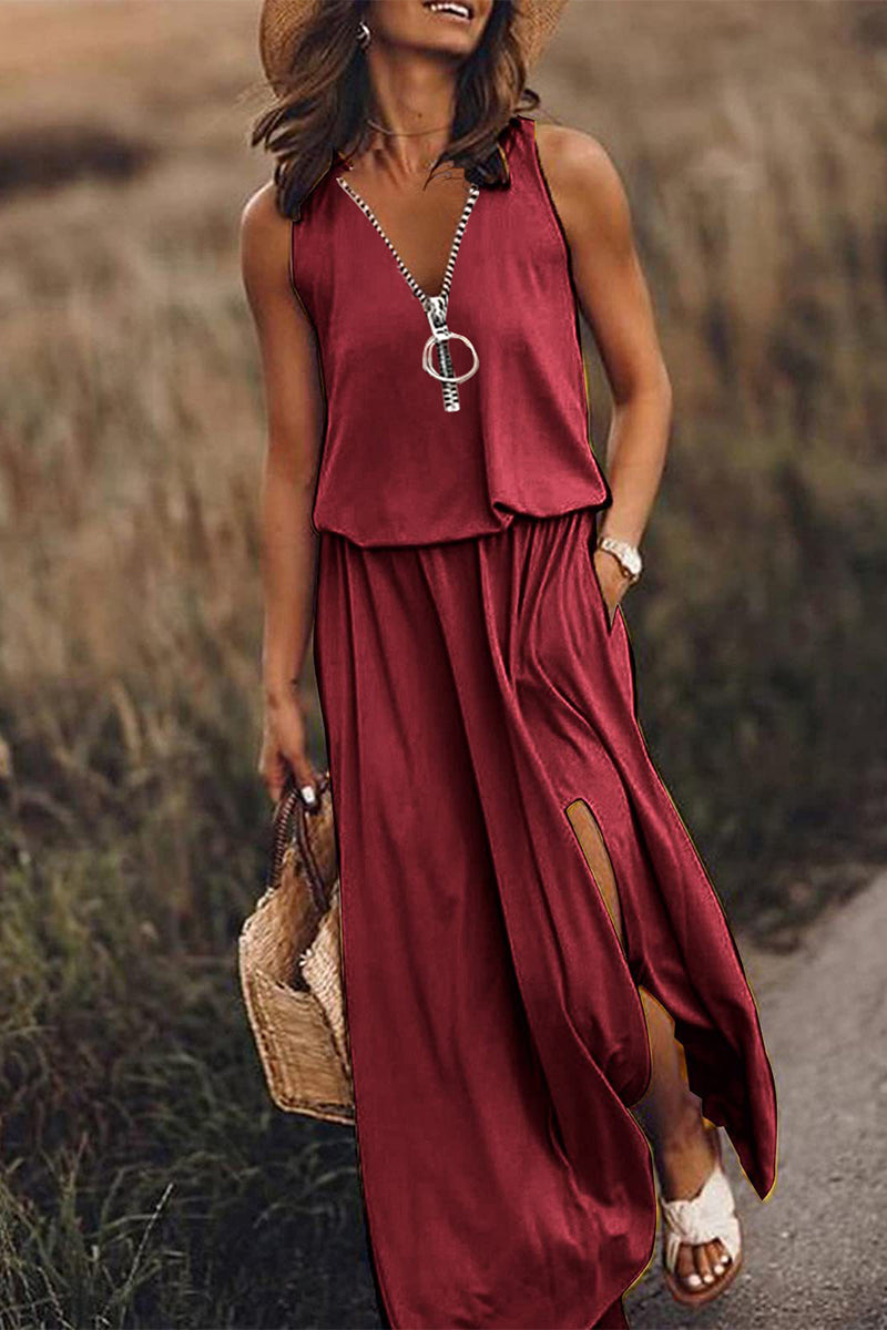 Vestido informal liso con abertura y cremallera en el escote en V (3 colores)