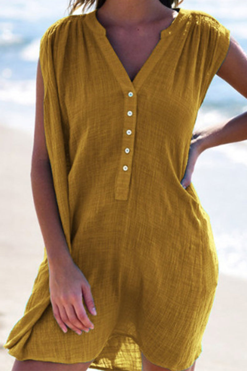 Vestido casual de color sólido con cuello en V y sin mangas