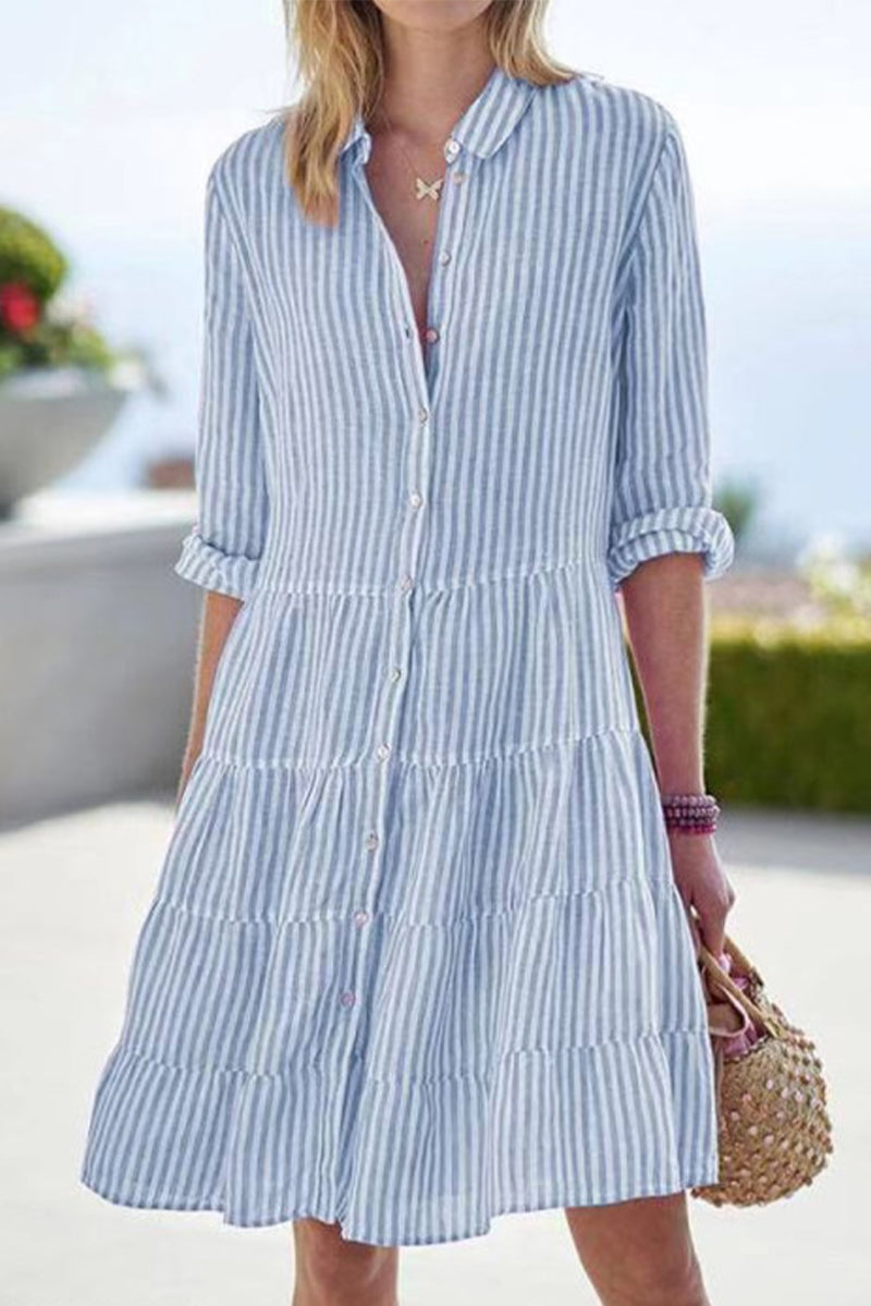 Vestido camisero elegante con cuello vuelto y cordón geométrico (6 colores)