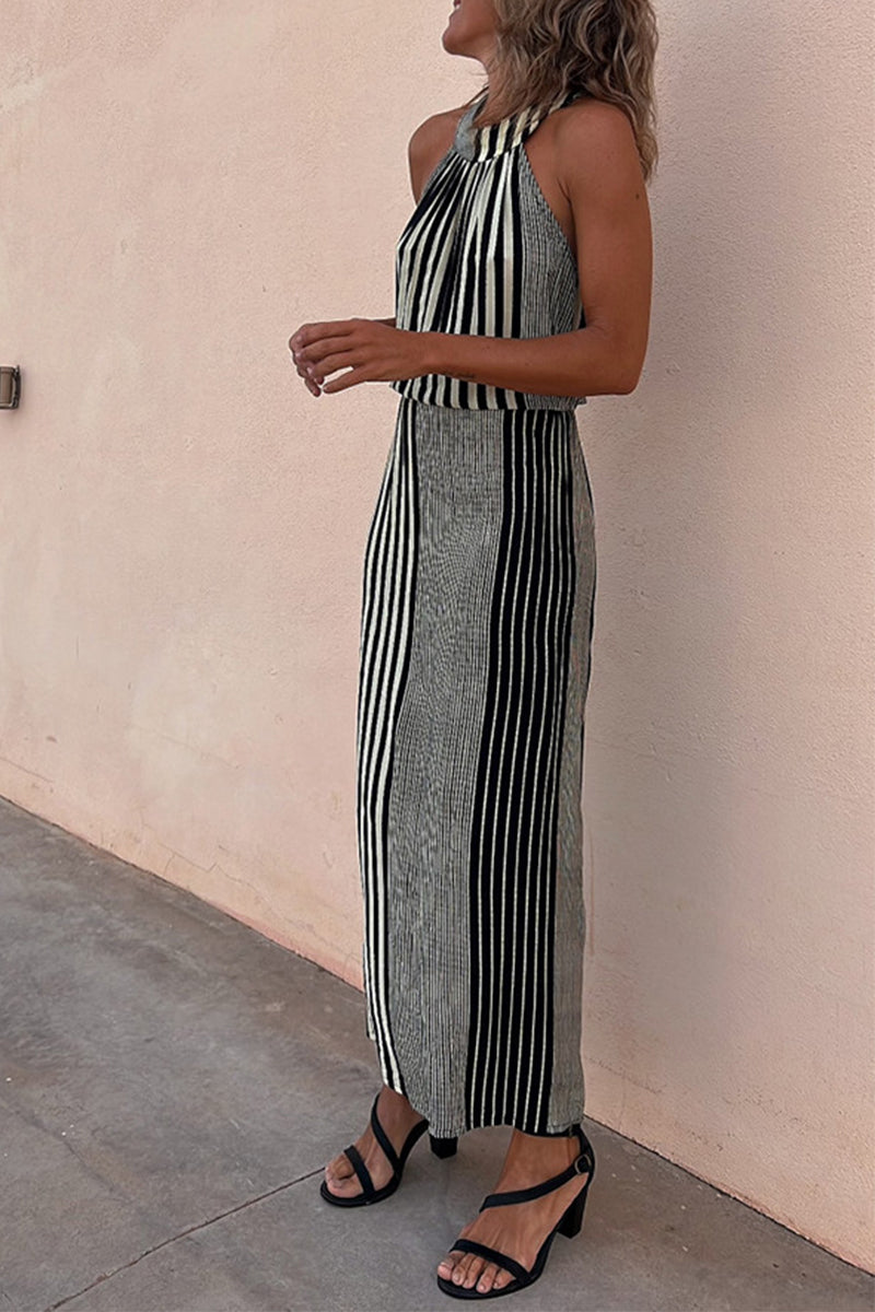 Vestido informal de calle con rayas y cuello redondo, estilo patchwork