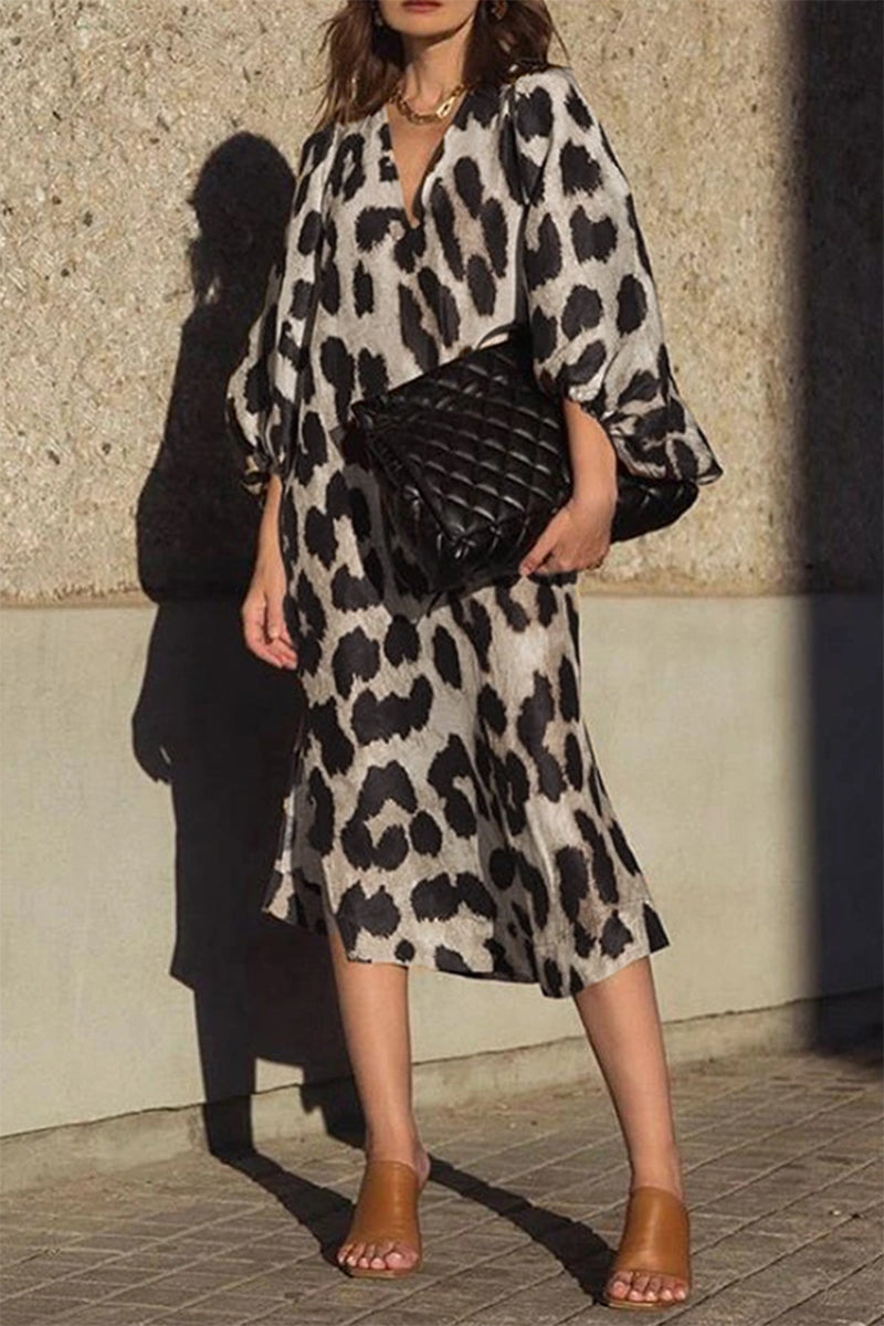 Vestidos elegantes de moda con cuello en V y abertura con patchwork de leopardo