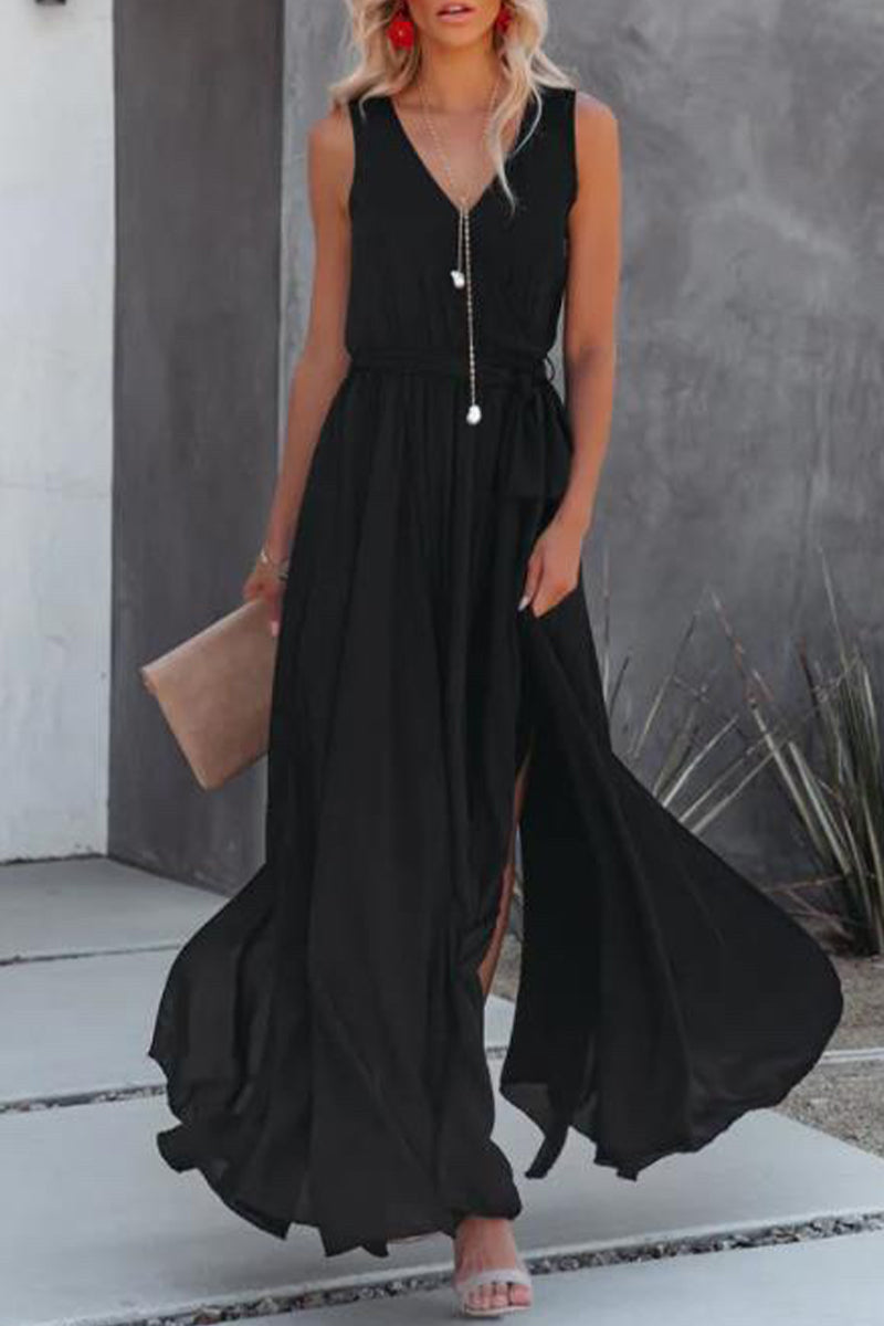 Vestido sexy informal liso con abertura en el cuello en V sin mangas