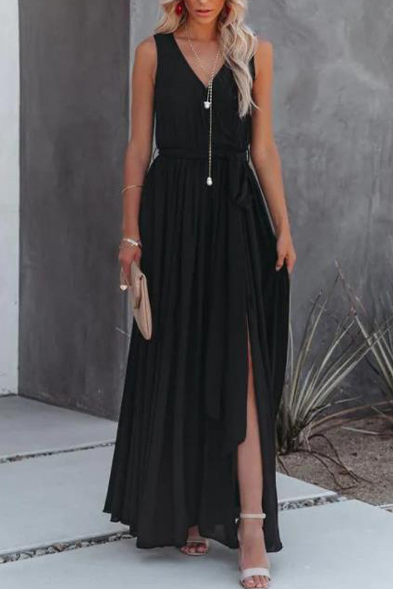 Vestido sexy informal liso con abertura en el cuello en V sin mangas