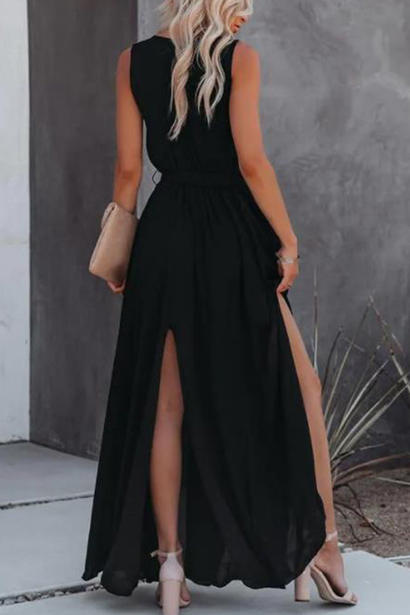 Vestido sexy informal liso con abertura en el cuello en V sin mangas