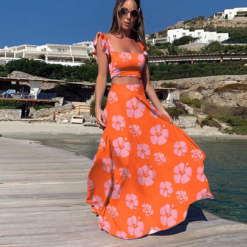 Conjunto de dos piezas de vestido sin mangas con estampado bohemio sexy para mujer de verano