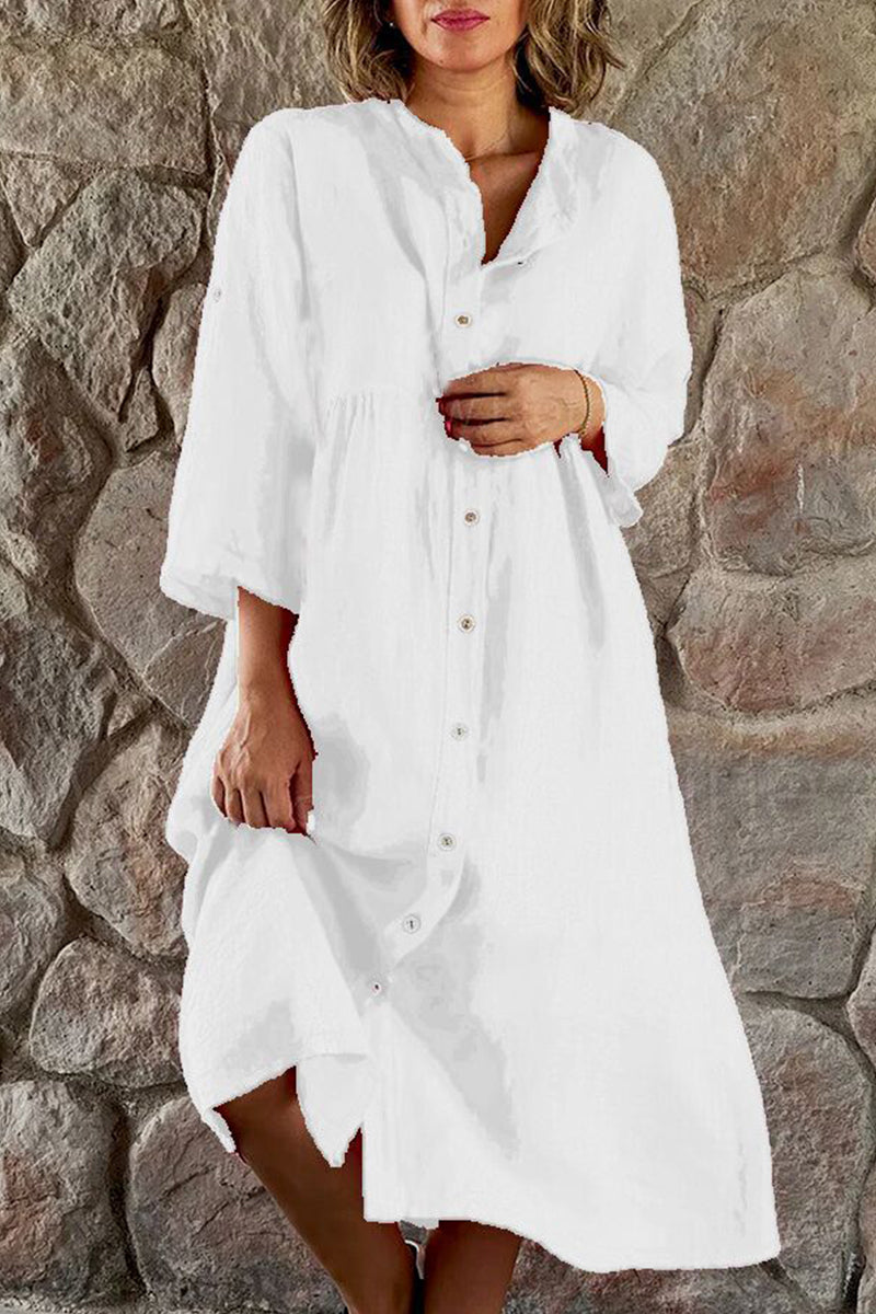 Vestido camisero informal sencillo con botones lisos y cuello mandarín