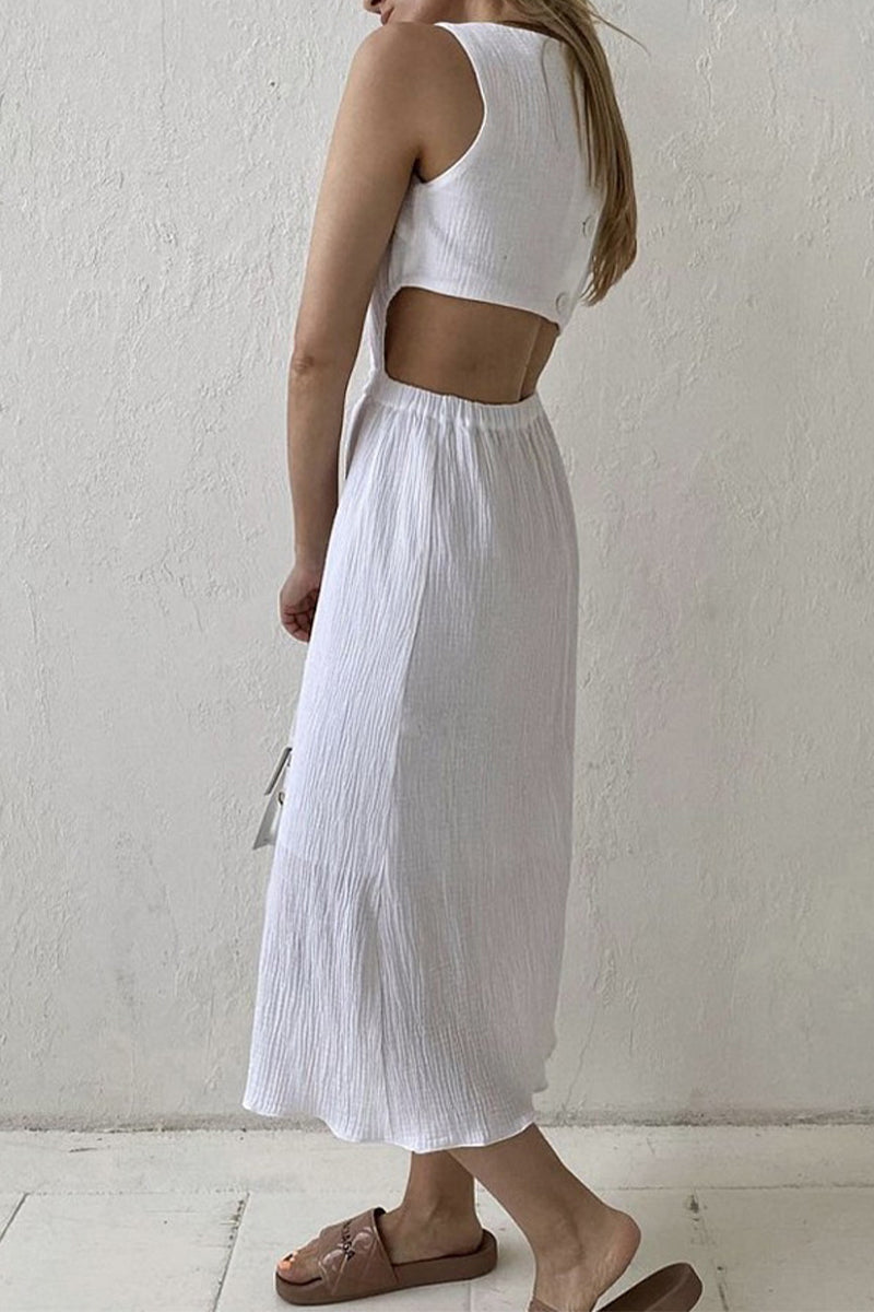 Vestido informal sencillo con hebilla sólida y cuello redondo sin mangas