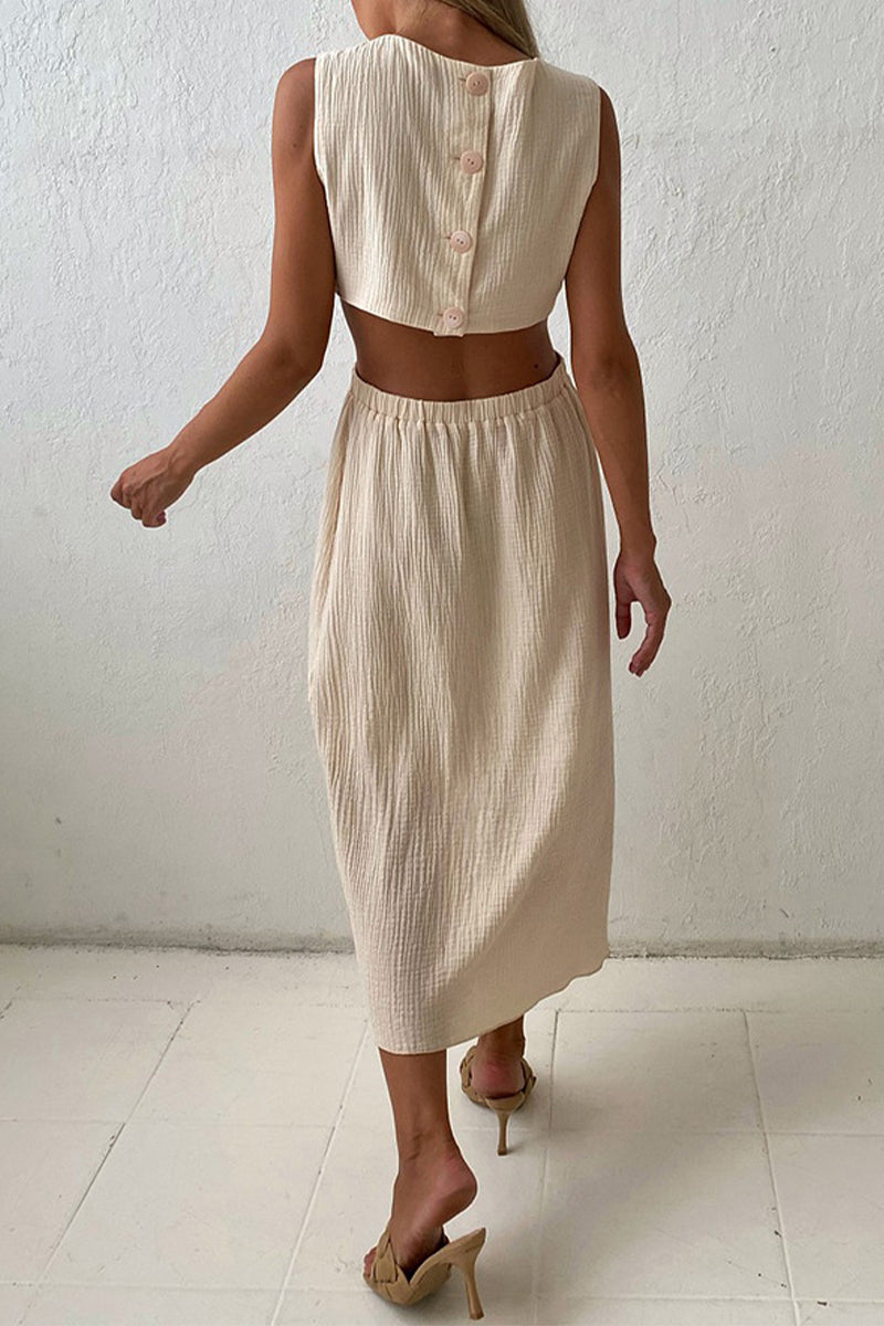 Vestido informal sencillo con hebilla sólida y cuello redondo sin mangas
