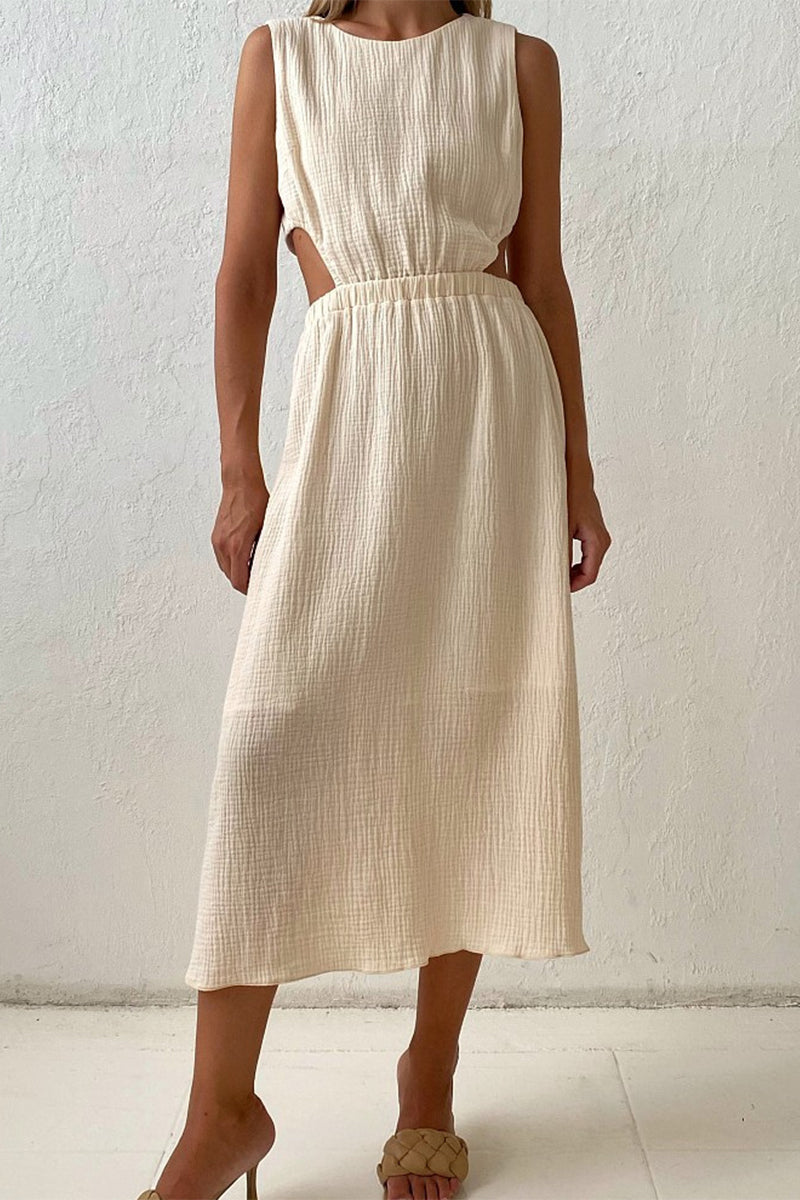 Vestido informal sencillo con hebilla sólida y cuello redondo sin mangas