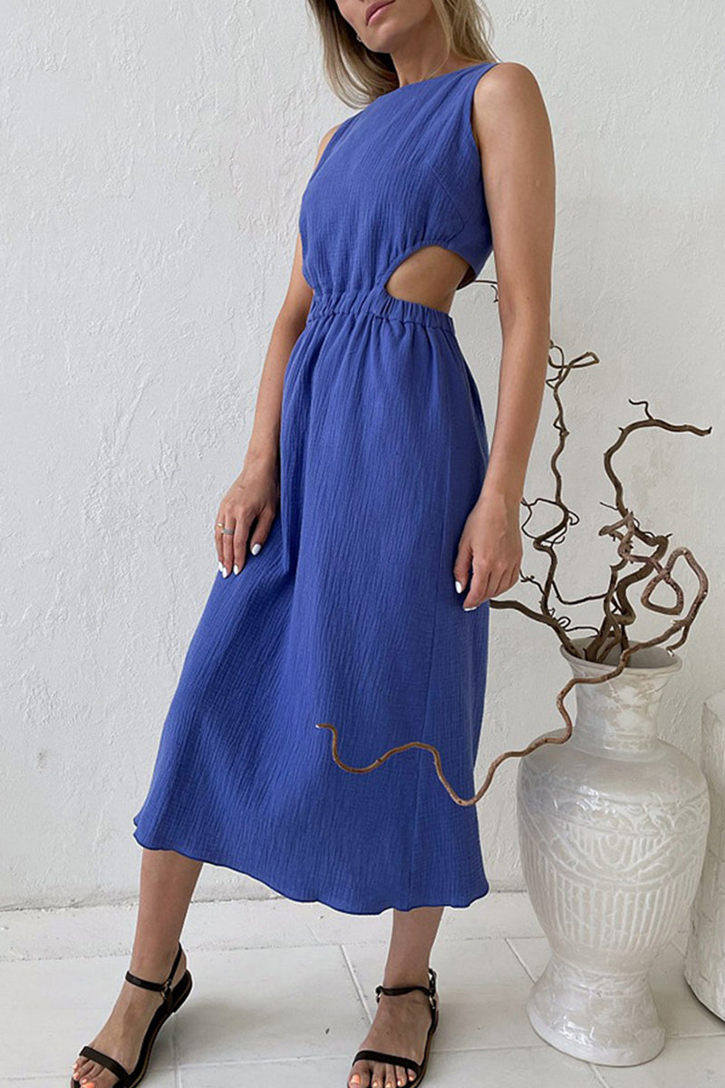 Vestido informal sencillo con hebilla sólida y cuello redondo sin mangas