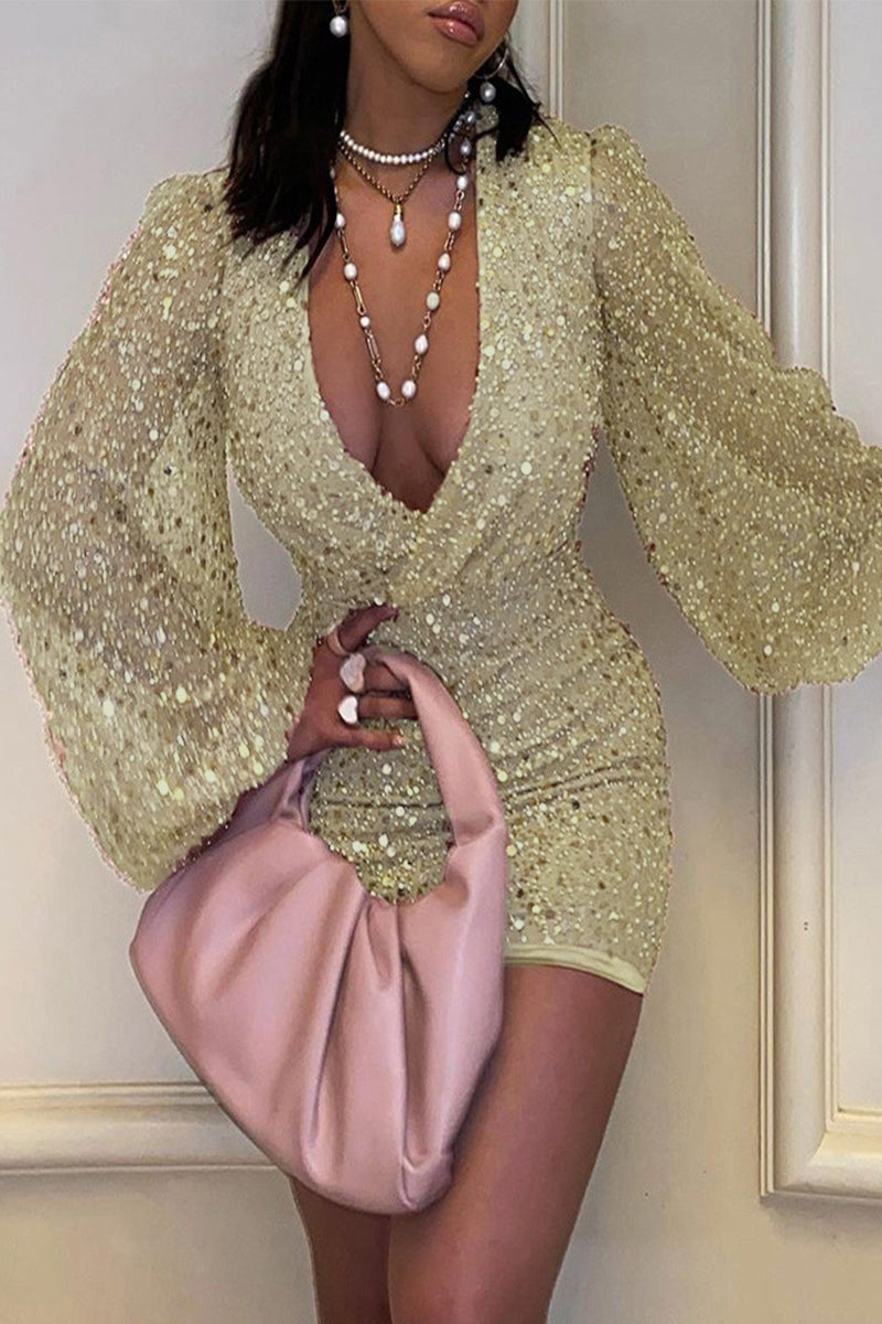 Elegante vestido de falda lápiz con escote en V y lentejuelas lisas (5 colores)