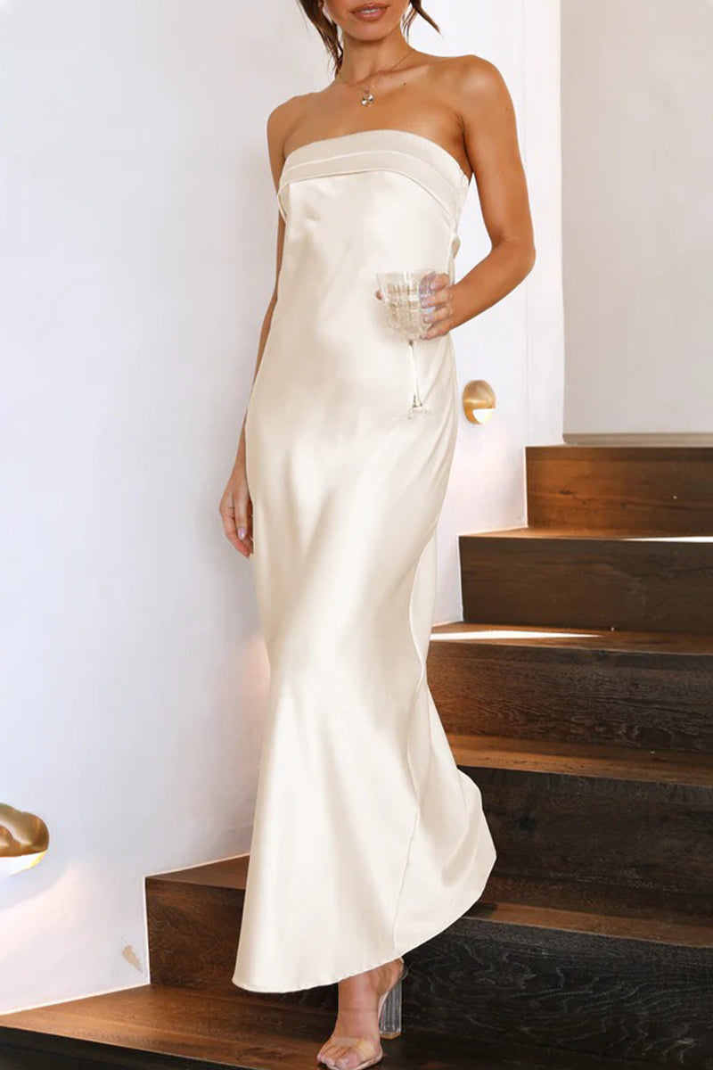 Vestidos elegantes de celebridades, lisos, sin espalda, sin tirantes y sin mangas.