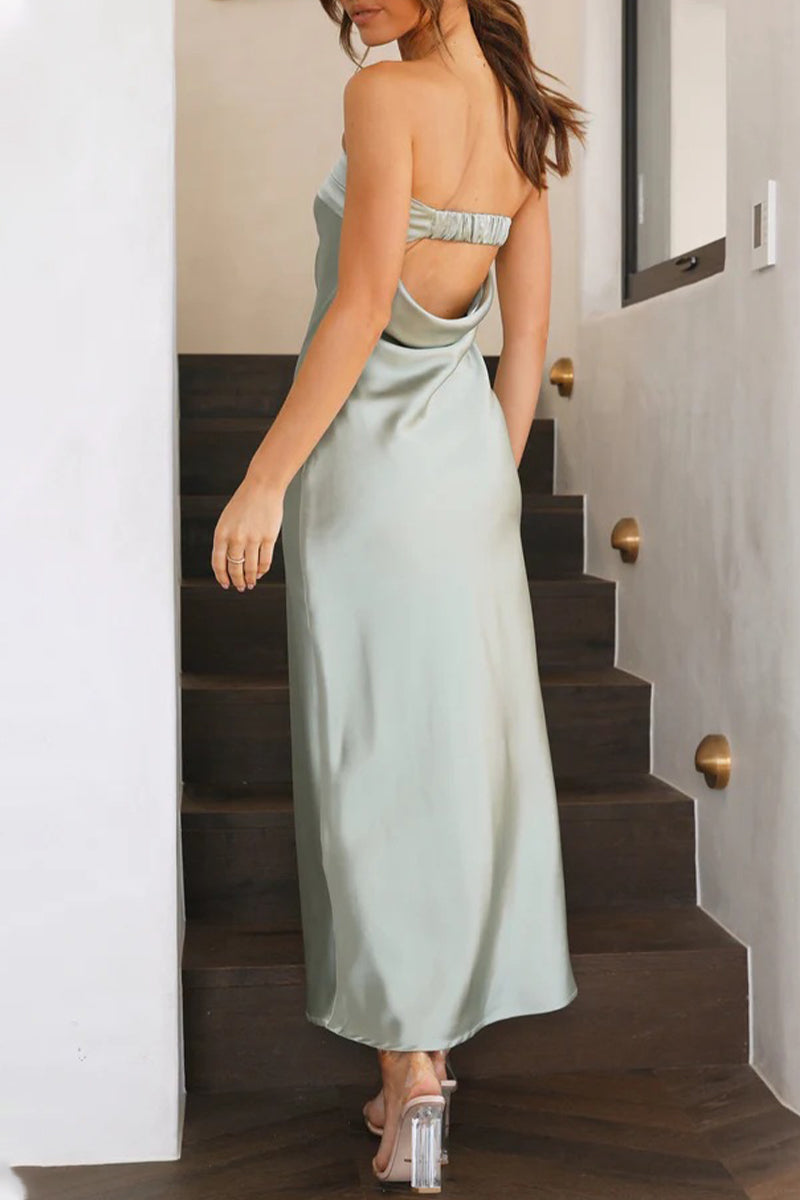 Vestidos elegantes de celebridades, lisos, sin espalda, sin tirantes y sin mangas.