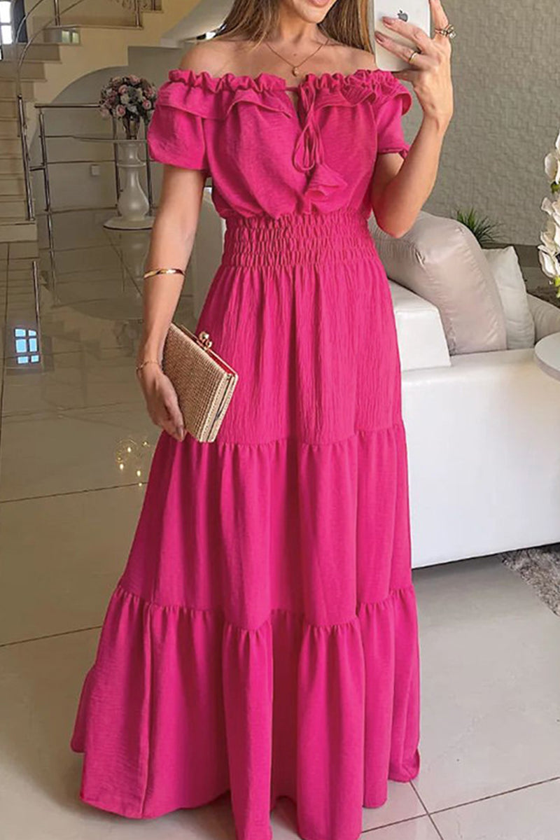 Vestido informal de manga corta con hombros descubiertos y parches sólidos