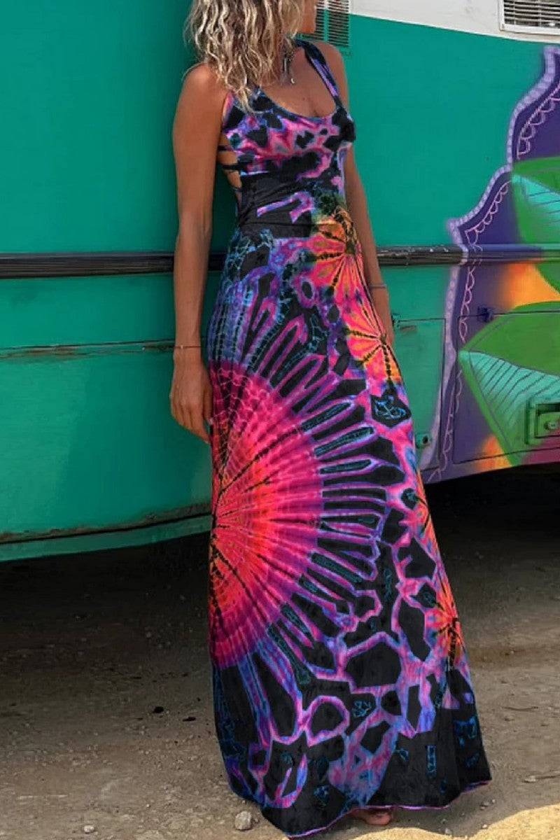 Vestido informal con cuello en U, sin espalda y estampado