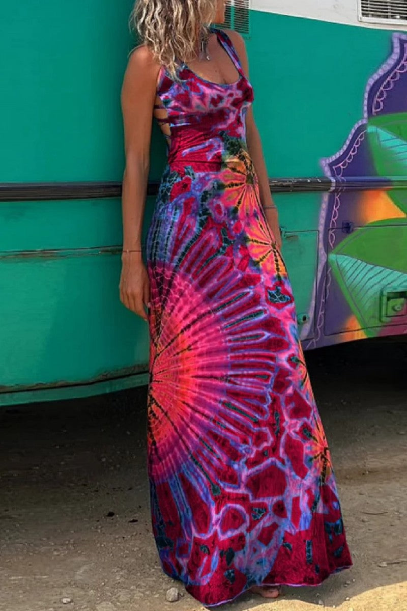 Vestido informal con cuello en U, sin espalda y estampado