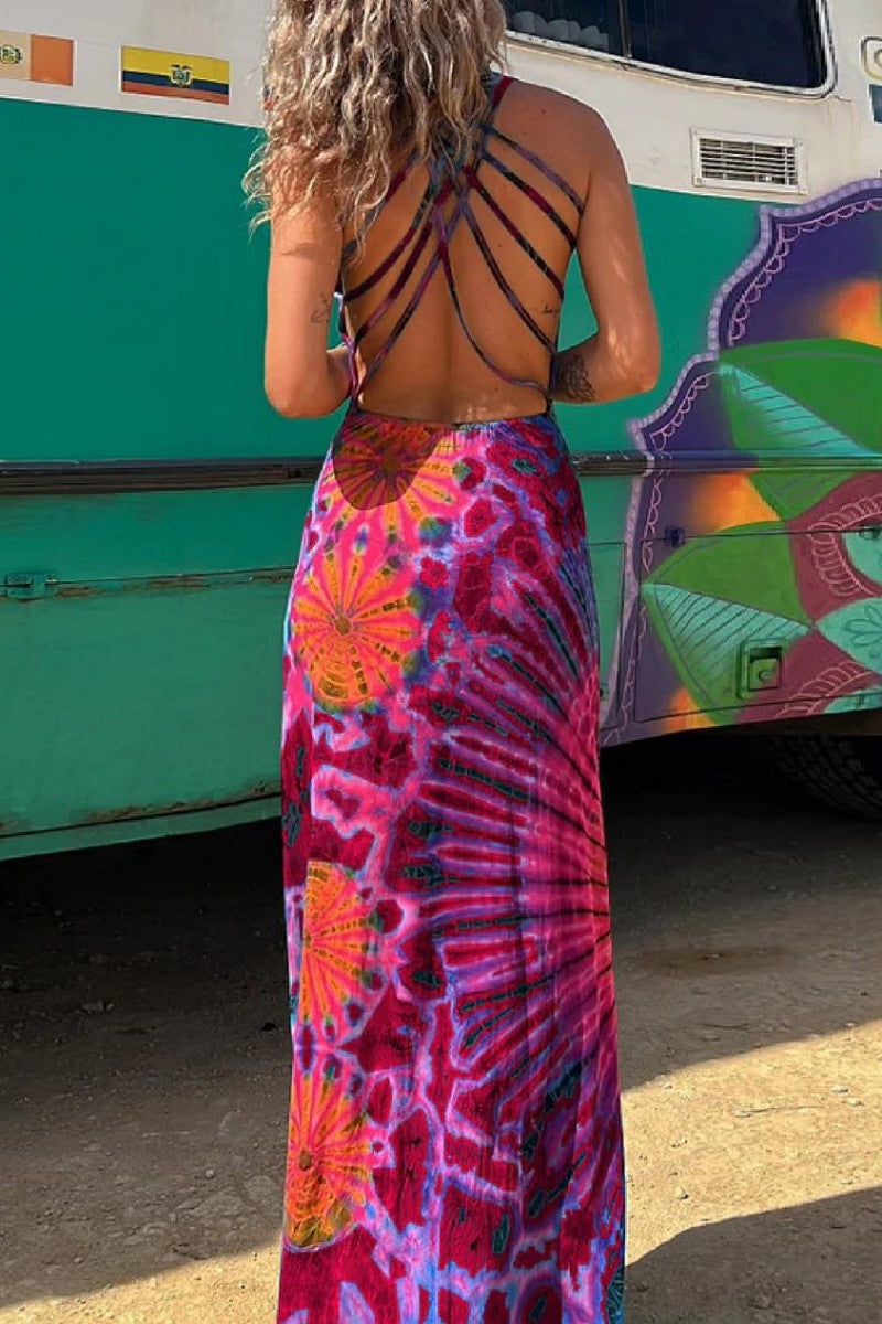 Vestido informal con cuello en U, sin espalda y estampado