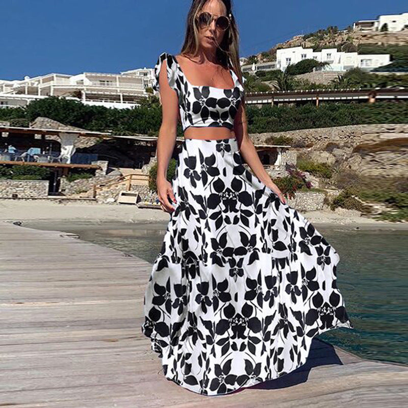 Conjunto de dos piezas de vestido sin mangas con estampado bohemio sexy para mujer de verano