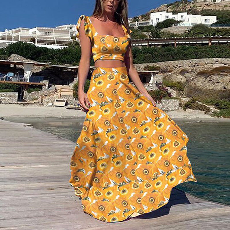 Conjunto de dos piezas de vestido sin mangas con estampado bohemio sexy para mujer de verano