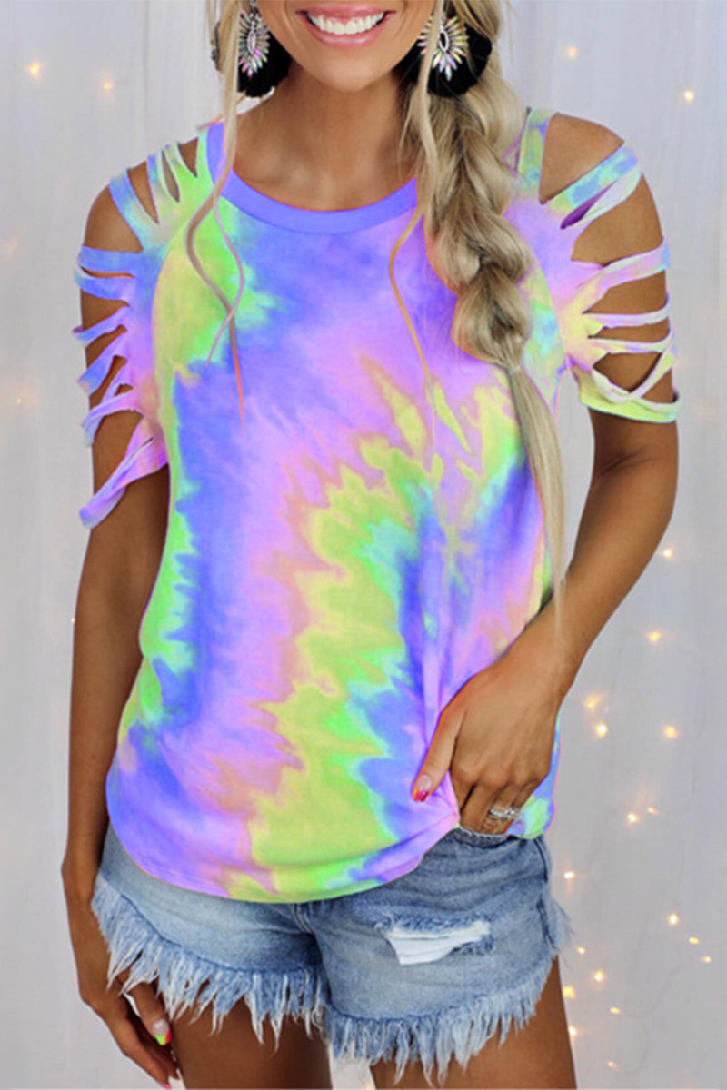 Casual Tie Dye Hollowed Out Patchwork O Neck T-Shirts
