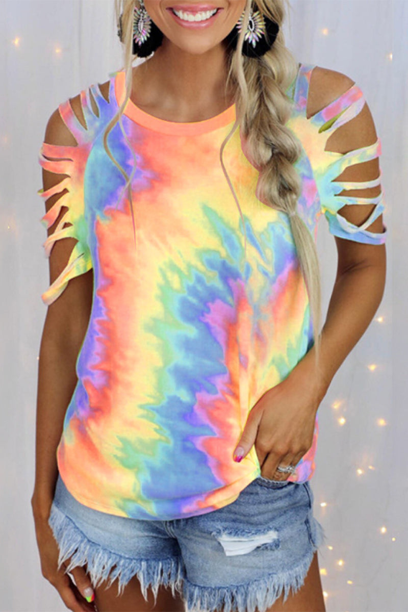 Casual Tie Dye Hollowed Out Patchwork O Neck T-Shirts