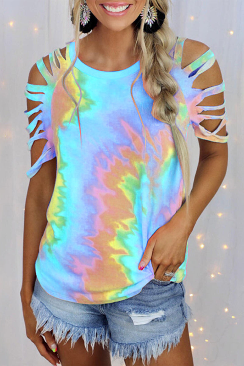 Casual Tie Dye Hollowed Out Patchwork O Neck T-Shirts