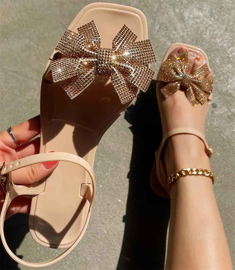 Zapatos casuales de patchwork con lazo y diamantes de imitación cuadrados, cómodos para exteriores