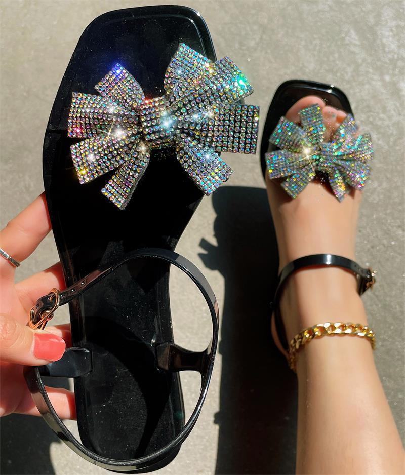 Zapatos casuales de patchwork con lazo y diamantes de imitación cuadrados, cómodos para exteriores