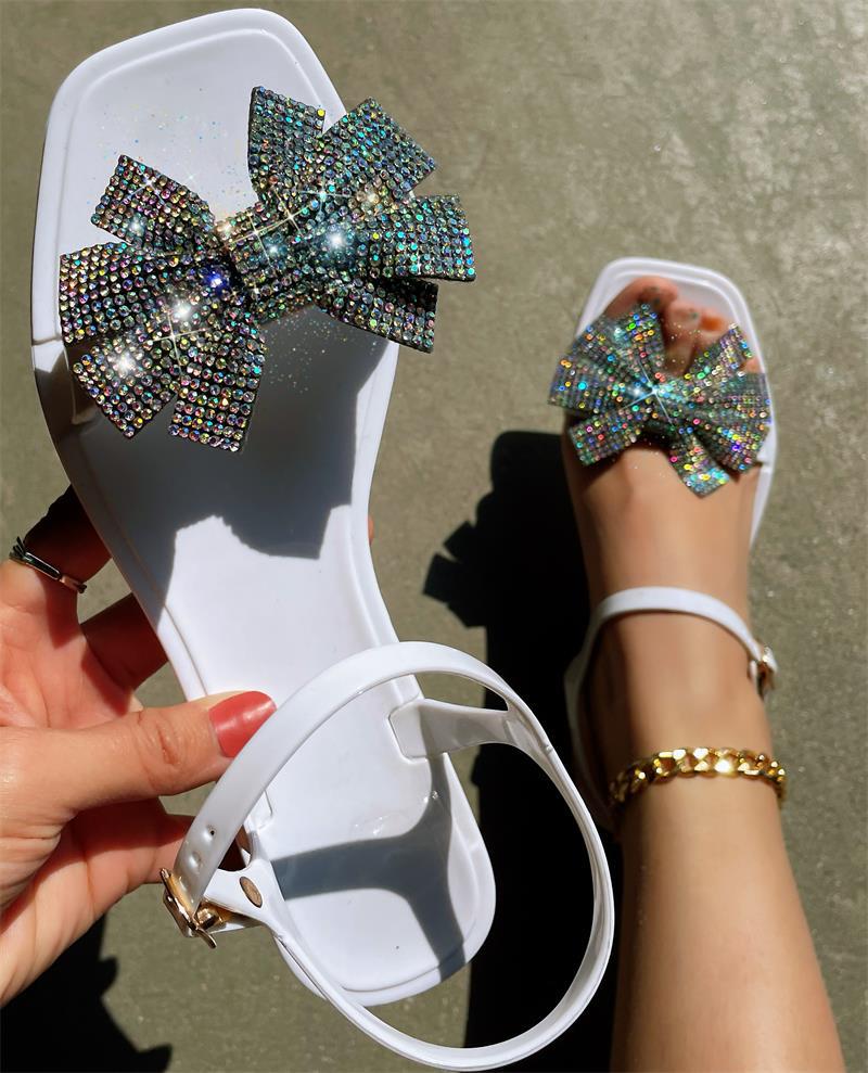 Zapatos casuales de patchwork con lazo y diamantes de imitación cuadrados, cómodos para exteriores